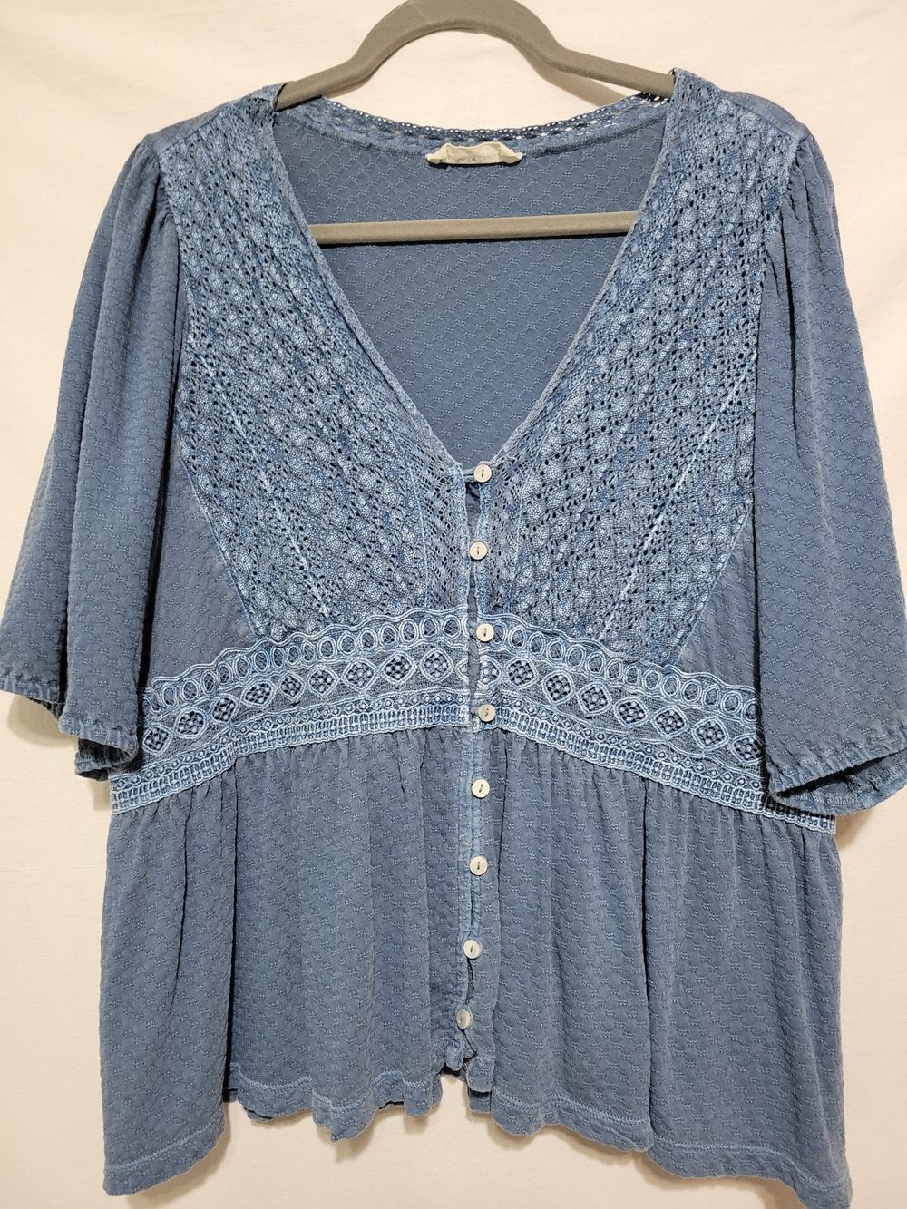 Lucky Brand Women's XL Dusty Blue Lace-Trim Button Down Boho Oversize Top